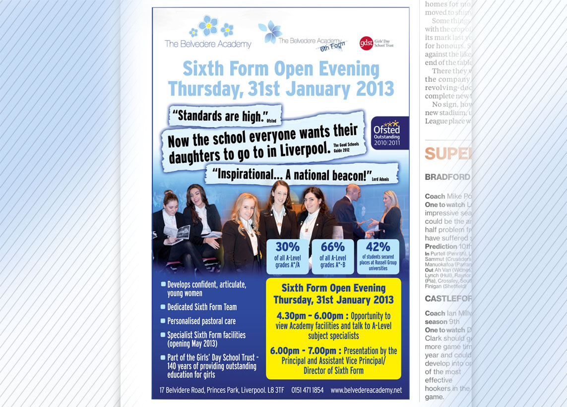 Sixth Form Open Evening advert design for The Belvedere Academy